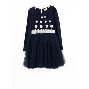 YY Girls Navy Blue White Cotton Tutu Dress Floral Lace Round Neck Long Sleeve 13